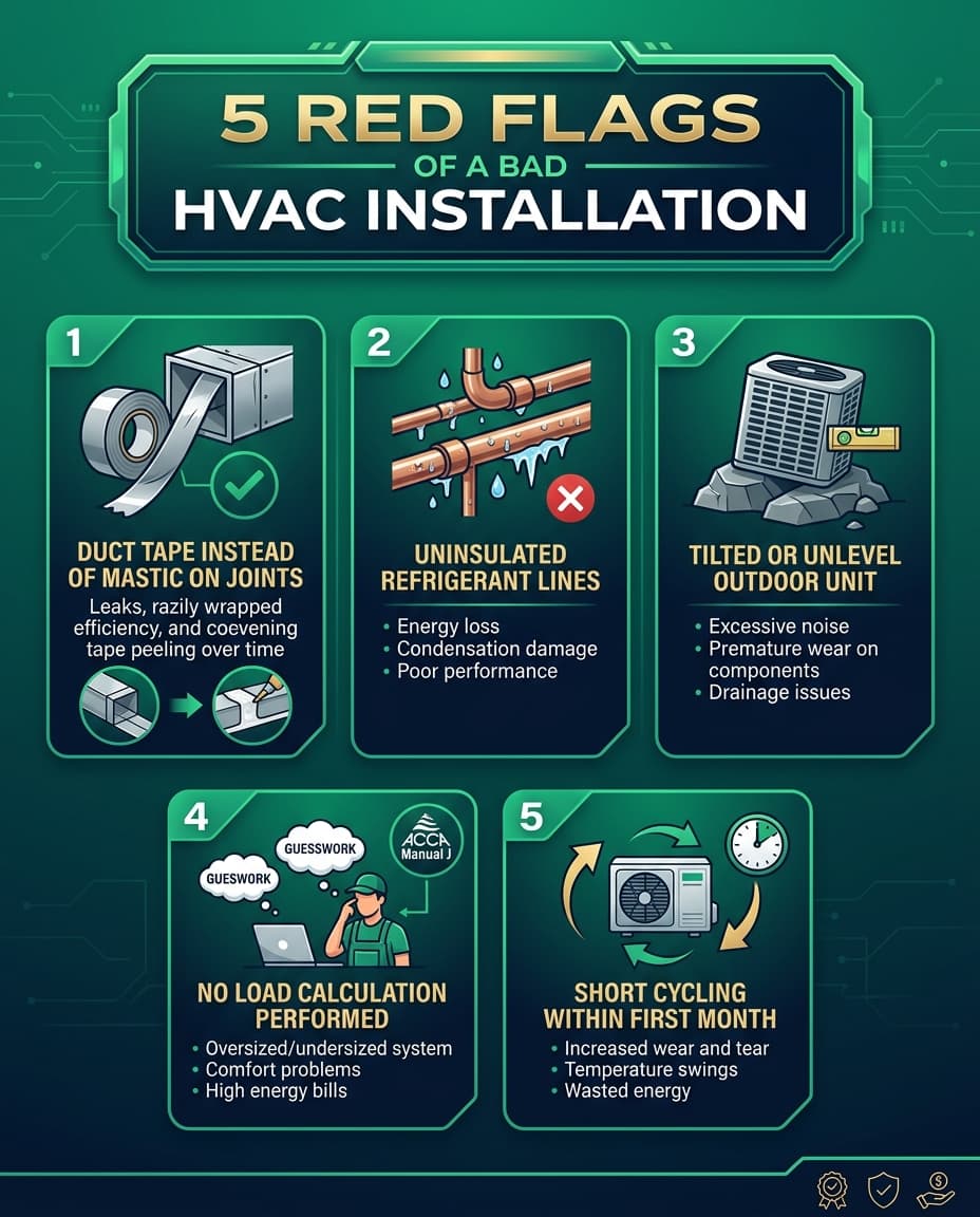 5 red flags of a bad HVAC installation infographic showing duct tape joints, uninsulated lines, tilted units, no load calculation, and short cycling