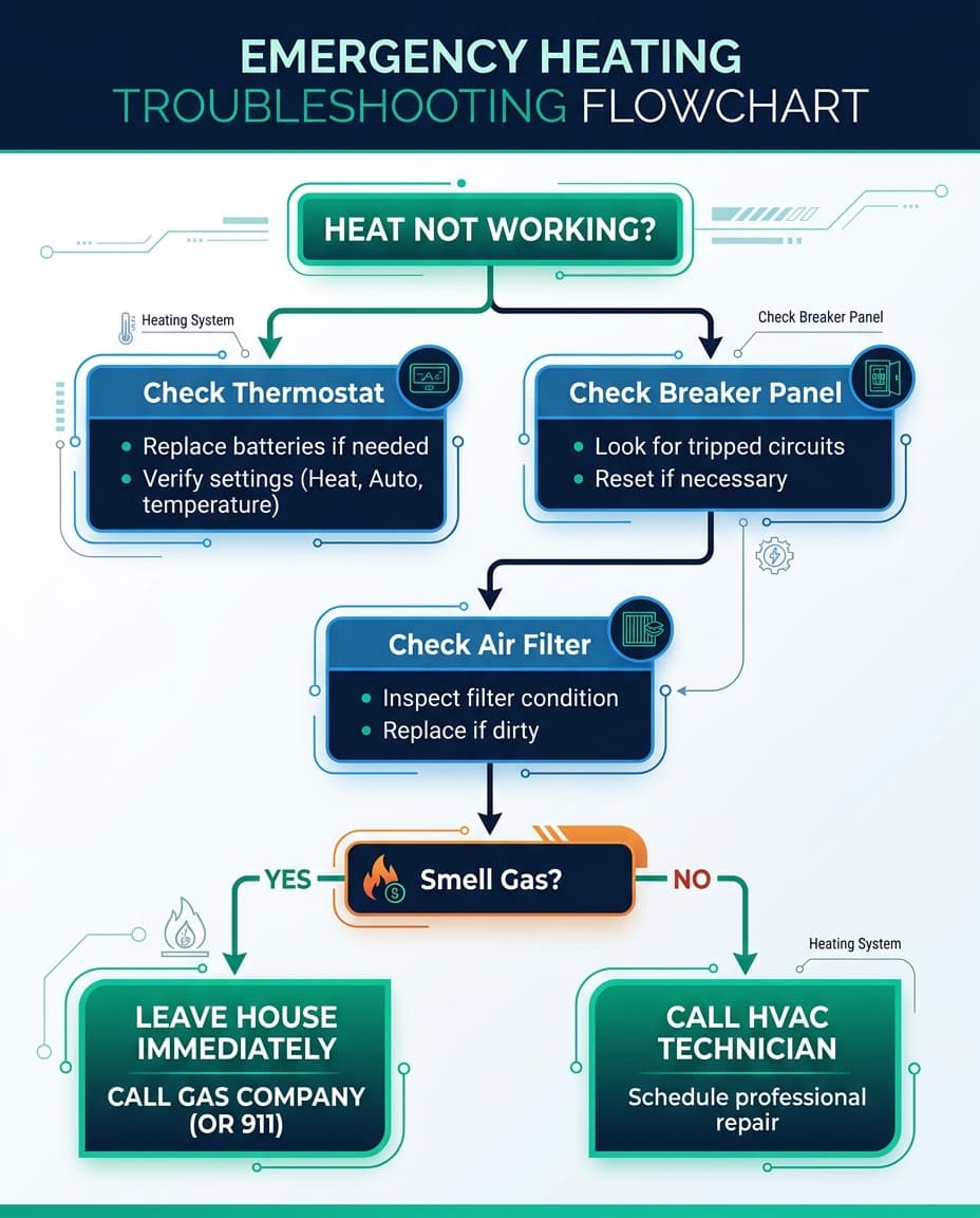 Emergency heating troubleshooting flowchart showing step-by-step diagnosis for furnace failures in Birmingham Alabama