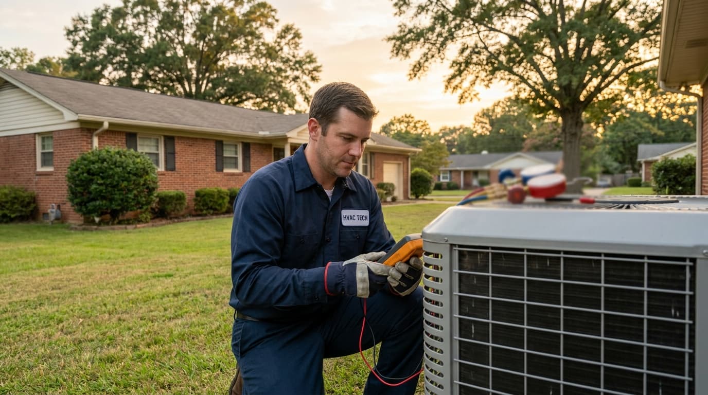 Licensed Lockwell HVAC technician servicing a residential HVAC system in Birmingham, Alabama
