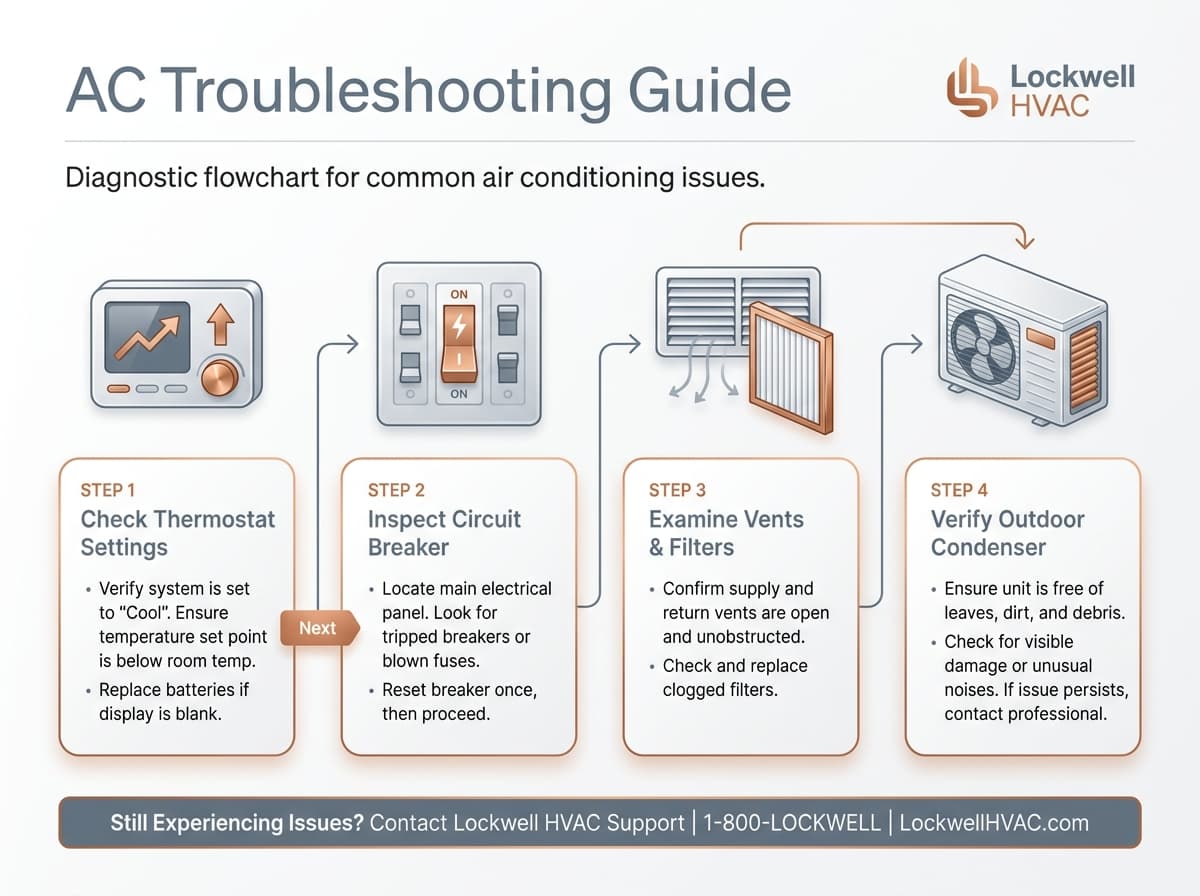 AC troubleshooting guide infographic showing common failure points and diagnostic steps for Birmingham Alabama homeowners