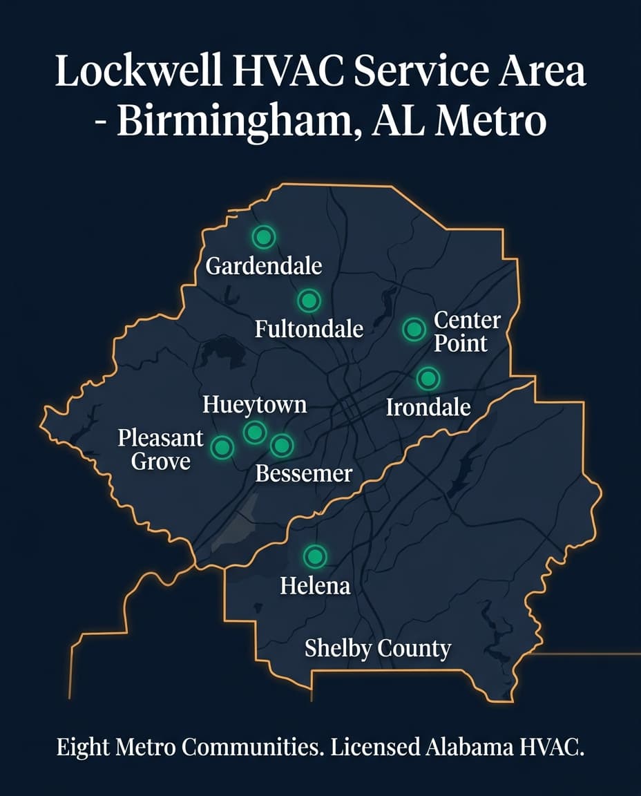 Lockwell HVAC service area map — Birmingham, AL metro with Gardendale, Fultondale, Center Point, Irondale, Bessemer, Hueytown, Pleasant Grove, and Helena marked across Jefferson and Shelby Counties
