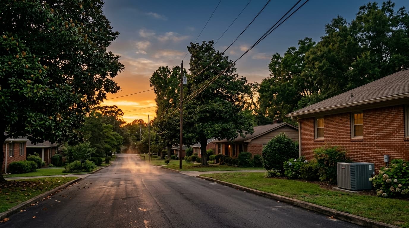 Birmingham, Alabama suburban home at sunset with central air conditioner running in summer